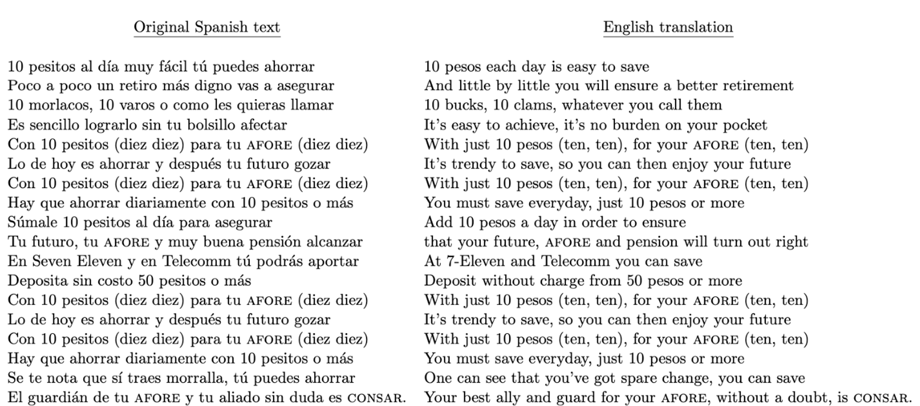 Spanish (original) and English Text of Media Campaign Jingle